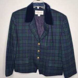 Vtg JH Collectibles Wool Blazer Women 14 Tartan Plaid Velvet Collar Academia USA